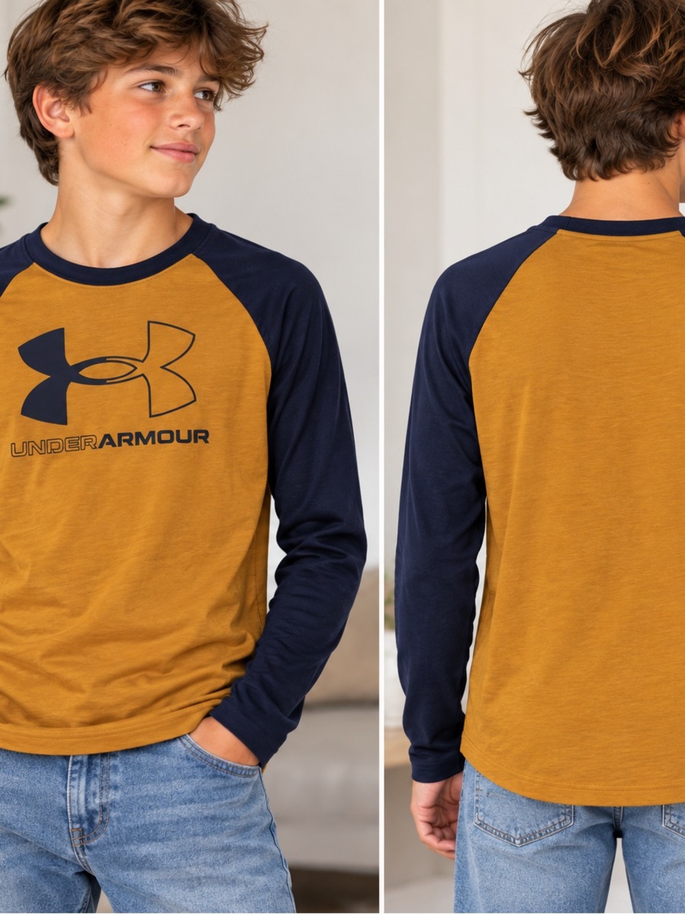 Under Armour Mustard and Navy Raglan Long-Sleeve Tee
